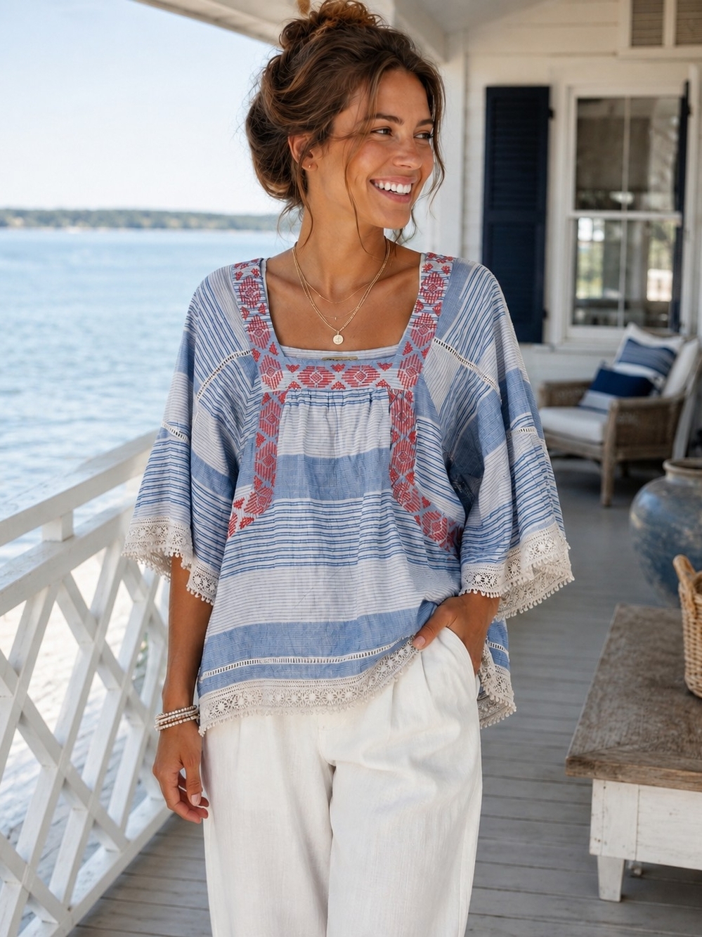 Blue White Embroidered Boho Tunic Top Lace Trim Coastal Cottage